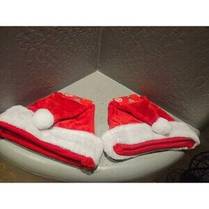 Set of 2 Greenbrier International Santa Hats  Red Fleece White Fur Trim